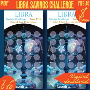May include: A printable Libra savings challenge with a blue and silver scale design. The challenge has 28 circles to color in and save $5 per circle. The total savings is $140. The image is 3 inches by 6 inches and is a digital download.