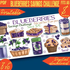 Könnte beinhalten: Druckbarer Blaubeer-Spar-Challenge mit 8 verschiedenen Bildern zum Ausmalen und Sparen von 5 $ pro Bild. Sparen Sie insgesamt 70 $. Die Bilder beinhalten einen Blaubeerkuchen, Blaubeermuffins, Blaubeer-Crumble, Blaubeerpfannkuchen, Blaubeermarmelade und einen Blaubeersmoothie. Die Bilder sind 3 Zoll mal 6 Zoll groß.