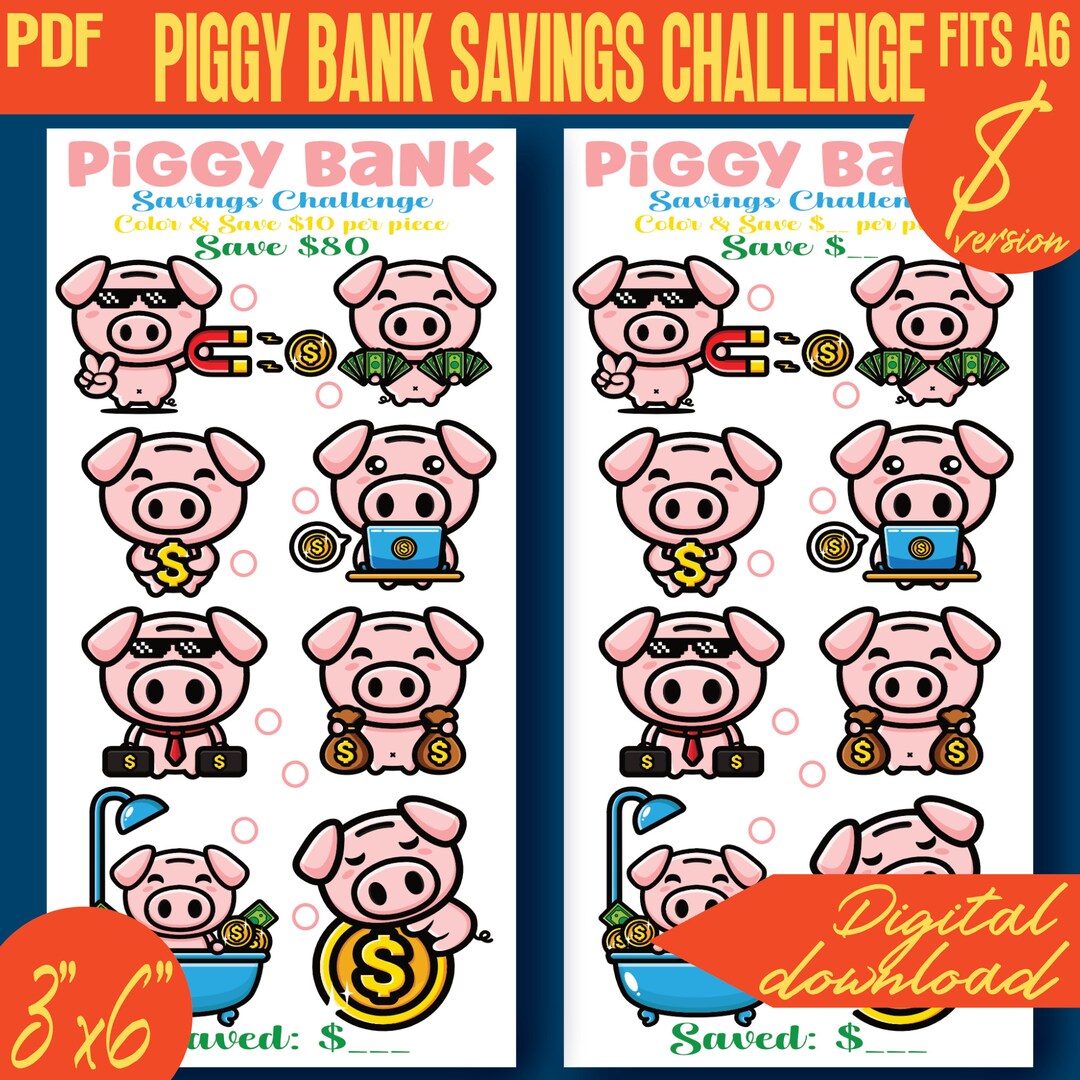 Piggy Bank Savings Challenge Mini Color and Save Printable 100D III ...