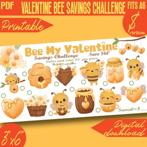 Bee Valentine Savings Challenge Color and Save Mini Printable 100D II | A6 binder size | Envelope Tracker | PDF | INSTANT Download 216D