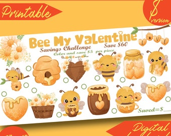 Bee Valentine Savings Challenge Colora e salva Mini stampabile 100D II / formato raccoglitore A6 / Tracker busta / PDF / Download immediato 216D