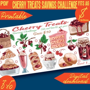 May include: Printable Cherry Treats Savings Challenge, a colorful illustration with a variety of cherry-themed desserts, including a cherry pie, a cherry cheesecake, a cherry milkshake, and a cherry donut. The image also includes a basket of cherries, a jar of cherry jam, and a cherry-topped cake. The text "Color and Save $5 per piece" and "Save $10" is included in the image.