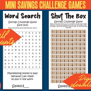 May include: Two printable savings challenge games. The first game is a word search with the title "Word Search" and the second game is called "Shut The Box". Both games are designed to help people save money. The word search game has a grid of letters with words related to saving money. The Shut The Box game has a grid of numbers 1-9. The games are designed to fit on A6 paper.