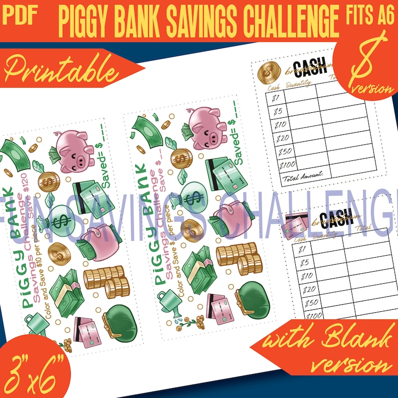 Piggy Bank Savings Challenge Mini Color and Save Printable 100D III ...
