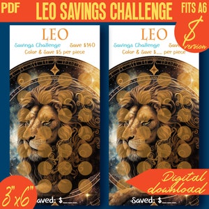 May include: A printable Leo savings challenge with a golden lion illustration. The challenge includes 28 circles to color in and save $5 per circle, for a total of $140. The printable is 3 inches by 6 inches and is a digital download.
