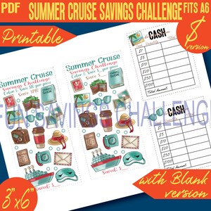 May include: Printable summer cruise savings challenge game with two versions. One version has a cash tracker and the other is blank. The game features a colorful illustration of a suitcase, passport, sunglasses, and a travel guide. The game is 3 inches by 6 inches.