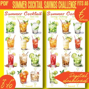 May include: A printable summer cocktail savings challenge with 18 colorful cocktail illustrations. The challenge is to color and save $5 per cocktail, with a total savings of $60. The printable is 3 inches by 6 inches.