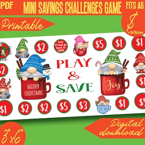Savings Challenge Game Christmas Gnomies Printable 100D | envelope, tracker | 3x6” | A6 size | PDF | Digital Print | INSTANT Download 053D