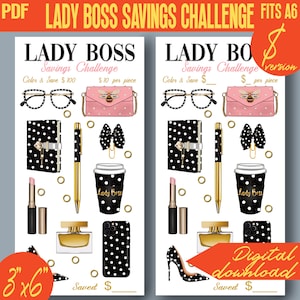 May include: A digital download with two "Lady Boss Savings Challenge" templates. The design includes illustrations of glasses, a pink purse, a notebook, a pen, a bow, a coffee cup, lipstick, perfume, a phone case, and a high heel shoe. The size is approximately 7.6 cm x 15.2 cm.