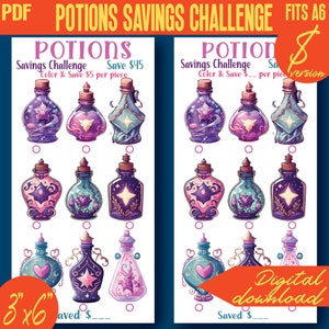 May include: A printable potion savings challenge with 12 colorful potion bottles. The challenge is to color and save $5 per bottle, with a total savings of $45. The printable is 3 inches by 6 inches and fits on an A6 sheet of paper.