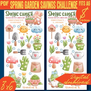 Op de afbeelding: Een printbare lentetuin spaaruitdaging met een kabouter, bloemen, een gieter, een paddenstoel, een vogelhuisje, een zon, een wolk en een tuinhandschoen. De uitdaging is 3 inch bij 6 inch en is een digitale download.