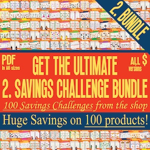 May include: A collage of 100 printable savings challenge cards in PDF format. The cards feature various images and text, such as "Get the Ultimate Savings Challenge Bundle" and "Huge Savings on 100 Products!"