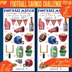 May include: A printable football savings challenge game with 12 images to color. The images include a football, a helmet, a beer, a pizza, a cupcake, a goal post, a whistle, a megaphone, a popcorn bowl, and a number one hand. The text on the page says "Football Match Savings Challenge" and "Color & Save $5 per piece".