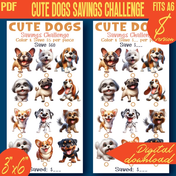 Cute Dogs Mini Savings Challenge Printable 100D III | A6 size | Money envelope Tracker | PDF | Digital | INSTANT Download 302D