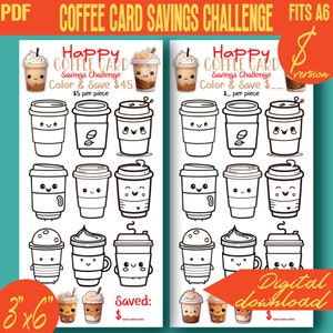 Happy Coffee Card Savings Challenge Colorea y Ahorra Imprimible 100D / Tamaño A6 / Rastreador de Sobres / PDF / Descarga INSTANTÁNEA 093D