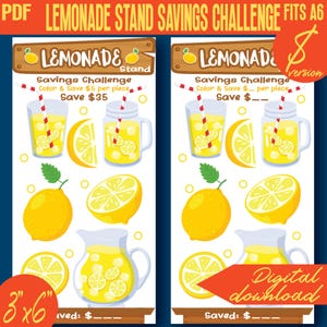 Puede incluir: Una hoja de actividad imprimible de desafío de ahorro para un puesto de limonada. La hoja presenta una ilustración colorida de limonada, limones y un letrero de puesto de limonada. El texto en la hoja dice "Lemonade Stand Savings Challenge" y "Color & Save $5 per piece".