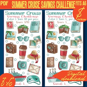 May include: A printable summer cruise savings challenge with a white background and colorful illustrations of travel items. The challenge includes a list of items to color and save $10 per piece. The total savings amount is $140. The printable is 3 inches by 6 inches.