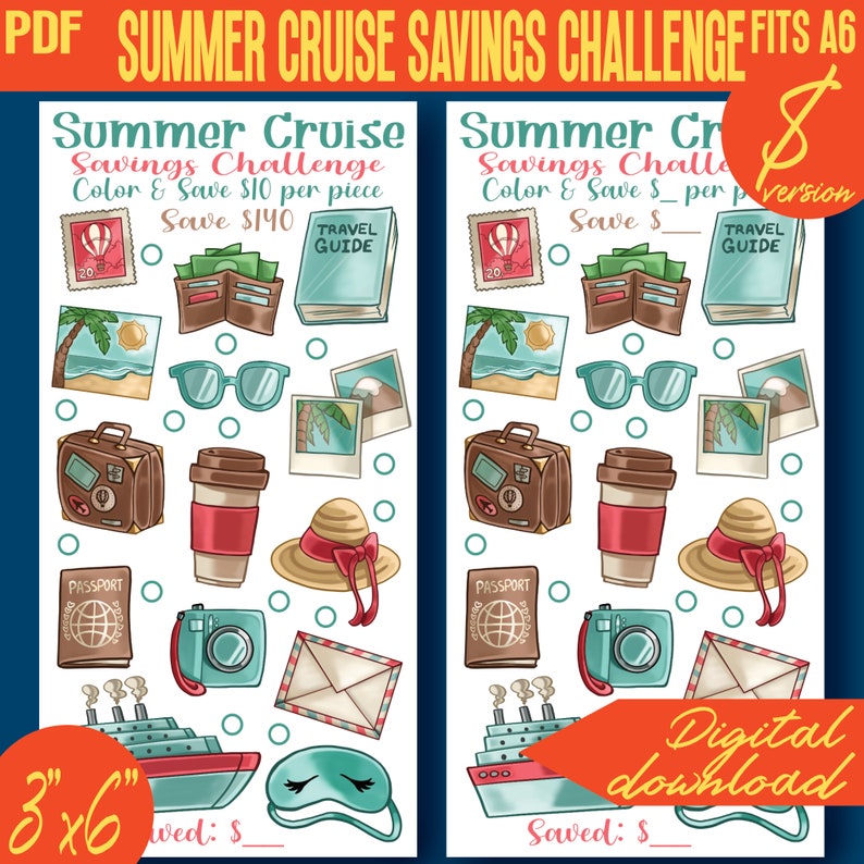 May include: A printable summer cruise savings challenge with a white background and colorful illustrations of travel items. The challenge includes a list of items to color and save $10 per piece. The total savings amount is $140. The printable is 3 inches by 6 inches.