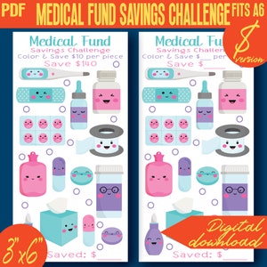 May include: A digital download for a medical fund savings challenge, featuring illustrations of medical items. The design includes bandages, pills, and thermometers. The text reads "Medical Fund Savings Challenge" and "Digital download". The dimensions are 7.6 cm x 15.2 cm.