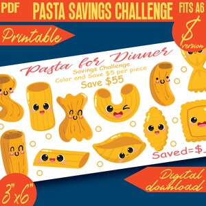 Puede incluir: Desafío de ahorro de pasta imprimible con un diseño de dibujos animados lindo. El desafío incluye 10 formas de pasta diferentes con caras y el texto "Pasta para la cena, Desafío de ahorro, Colorea y ahorra 5 € por pieza, Ahorra 55 €, Ahorrado =, Descarga digital, 3"x6", 8 versión".