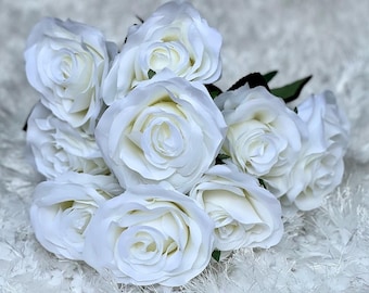 9-Head Off-White Silk Artificial Flowers High Quality - Floral - Flowers - Roses - Bouquets - Cake Accessories