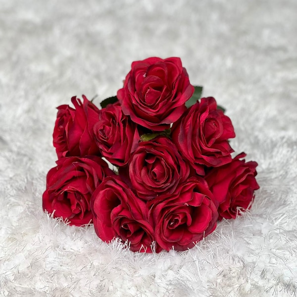 9-Head Ruby Red Dark-Edged Silk Artificial Flowers High Quality - Floral - Flowers - Roses - Bouquets - Cake Accessories