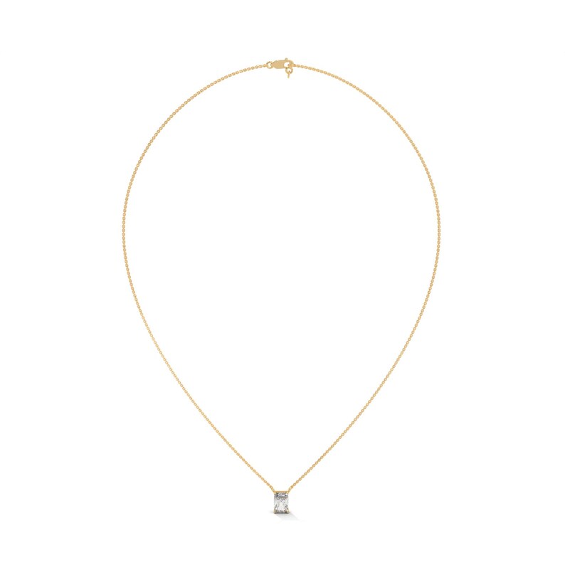 "Shop online for a beautiful emerald lab diamond engagement necklace."