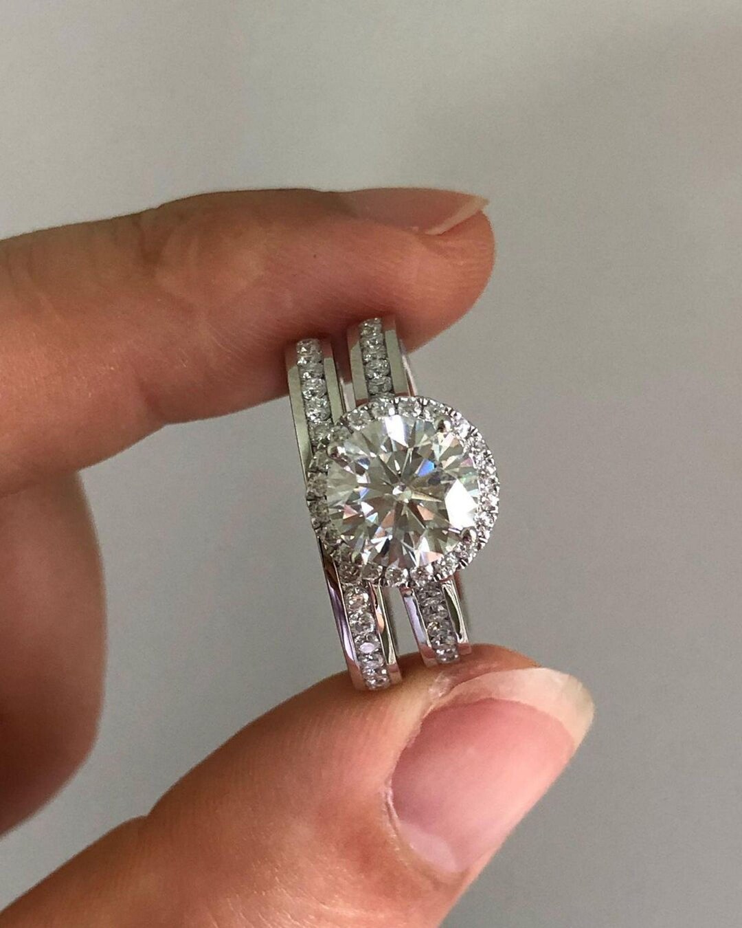Round Moissanite Engagement Ring Bridal Set, 14K White Gold Wedding ...