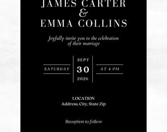 Modern Black White Wedding Invitation | Minimalist Elegant Canva Template (Digital Download)