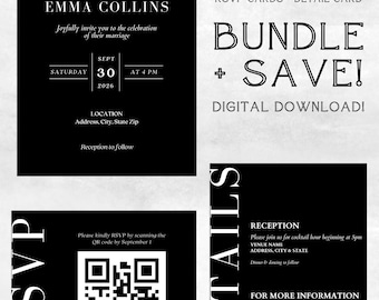 Modern Black White Wedding Invitation Bundle | Minimalist Elegant Canva Template (Digital Download)