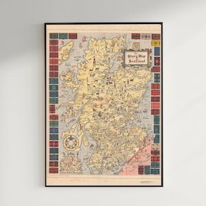 Ancienne carte de l'Ecosse - Vision picturale des clans écossais, inc. Édimbourg, Highlands écossais - Prêt à accrocher, option encadrée