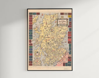 Stara mapa Szkocji - Wizja obrazkowa klanów szkockich, w tym Edynburg, szkockie wyżyny - gotowa do powieszenia, opcja oprawy
