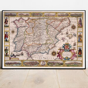 Beautiful Vintage Map of Spain & Portugal 1610 | Old Map Print | Vintage Wall Art | Interior Design Ideas