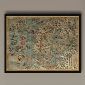 Seekarte eines Skandinaviens von Olaus Magnus aus den Jahren 1527-39. Carta Marina. Schweden, Dänemark, Norwegen, Island und Finnland. Antiker Nachdruck.
