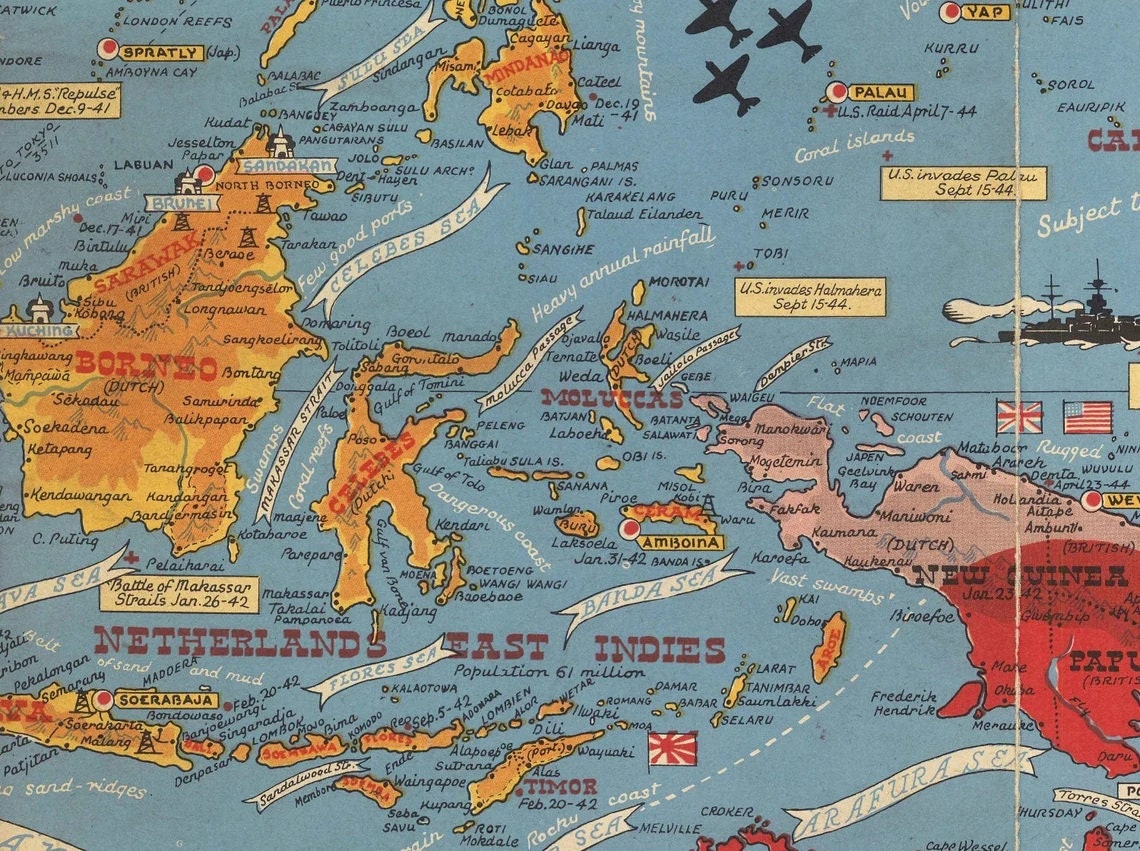 Old World War 2 Map of the Pacific and Tokyo in 1942 by Stanley Turner ...
