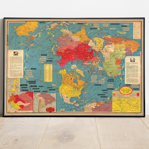 Rare Old World War 2 Map, 1944 door Stanley Turner - "Gedateerde gebeurtenissen" WW2 History Chart - Europa, nazi's, geallieerden, Duitsland