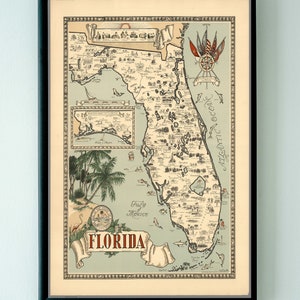 1953 Florida Picturale Kaart Print - Vintage Florida Print - Florida Poster - Florida Wall Art - Wall Decor Map Art - Oude Kaart Poster Prints