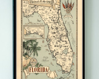 1953 Florida Picturale Kaart Print - Vintage Florida Print - Florida Poster - Florida Wall Art - Wall Decor Map Art - Oude Kaart Poster Prints