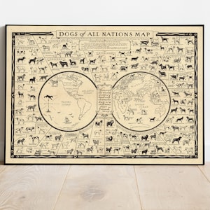 Alte Hundekarte, 1936 - Weltatlas Karte der Rassen - Terrier, Bulldogge, Mops, Schäferhund, Husky, Retriever Schafhund - Geschenk