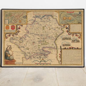 Vecchia mappa dell'Hertfordshire, 1611, John Speed - Stevenage, St Albans, Watford, Hemel Hempstead, Hertford, Enfield - Incorniciato, Senza cornice