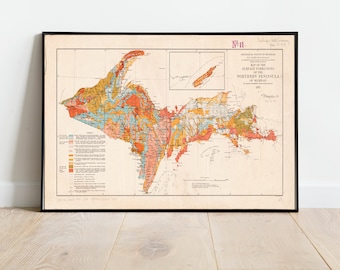 Vintage 1911 Carte des formations de surface de la péninsule nord du Michigan | art vintage du Michigan | Ancienne reproduction de carte du Michigan