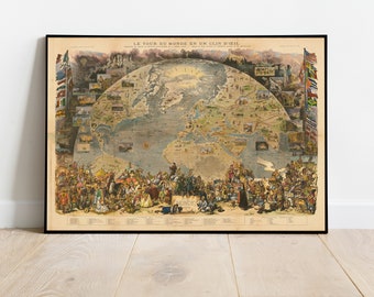 Old World Map, 1876 - &quot;A Tour of the World&quot; from Le Monde - 19th Century Exploration, History, Colonialism
