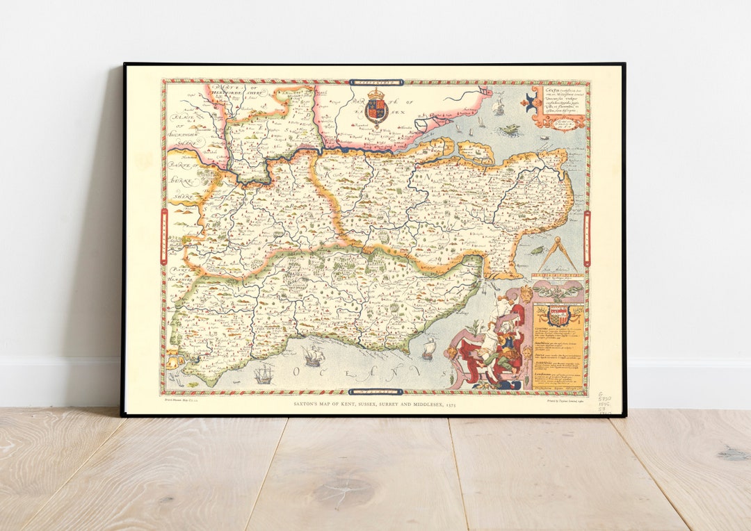Old Map of Southeast England in 1575 London, Kent, Sussex, Surrey Large