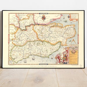 Mapa antiguo del sudeste de Inglaterra en 1575 - Londres, Kent, Sussex, Surrey - Gráfico grande con marco o sin marco