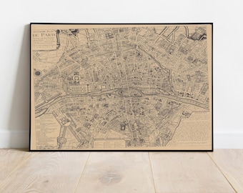 impression de carte de Paris vintage 1705, carte du vieux monde de Paris, France, carte des rues, impression d'art en papier, idée cadeau premier anniversaire pour les amoureux des Français