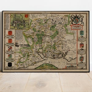 Old Map of Hampshire, 1611 by John Speed - Winchester, Portsmouth, Southampton, Basingstoke, Farnborough, Havant