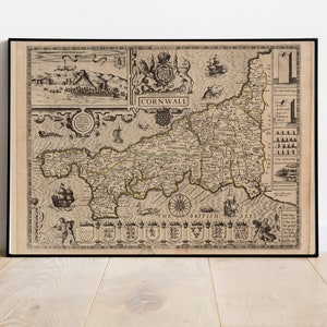 Alte Karte von Cornwall 1611 von John Speed - Penzance, St Ives, Plymouth, Lands End, Padstow, St Michael's - Monochrome gerahmte ungerahmte Karte