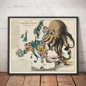 Oude Kaart van Europa, 1877 door Fredrick Rose - 19e eeuwse Propaganda Serio-Comic, Octopus Russische vs. Ottomaanse Rijken - Gift