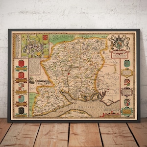 Mapa antiguo de Hampshire, 1611 por John Speed - Winchester, Portsmouth, Southampton, Basingstoke, Farnborough, Havant