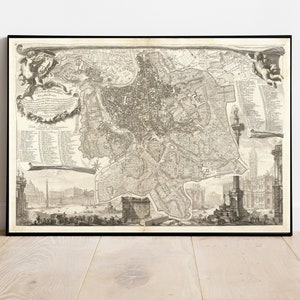 Rara vecchia mappa di Roma, Italia di Nolli & Piranesi, 1748 - Vaticano, San Pietro, Fontana di Trevi, Colosseo - Grafico della città con cornice e senza cornice